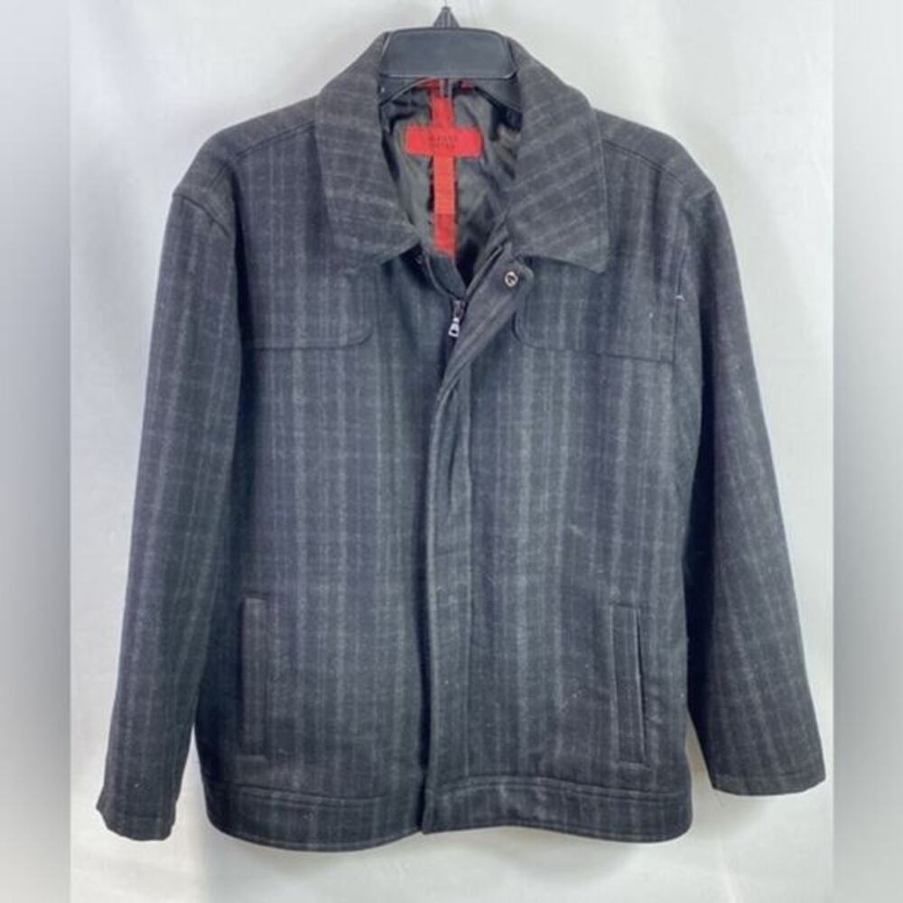 UEC Alfani Fitted Wool Black Gray Plaid Full Zip Collared Jacket Coat SZ XL
